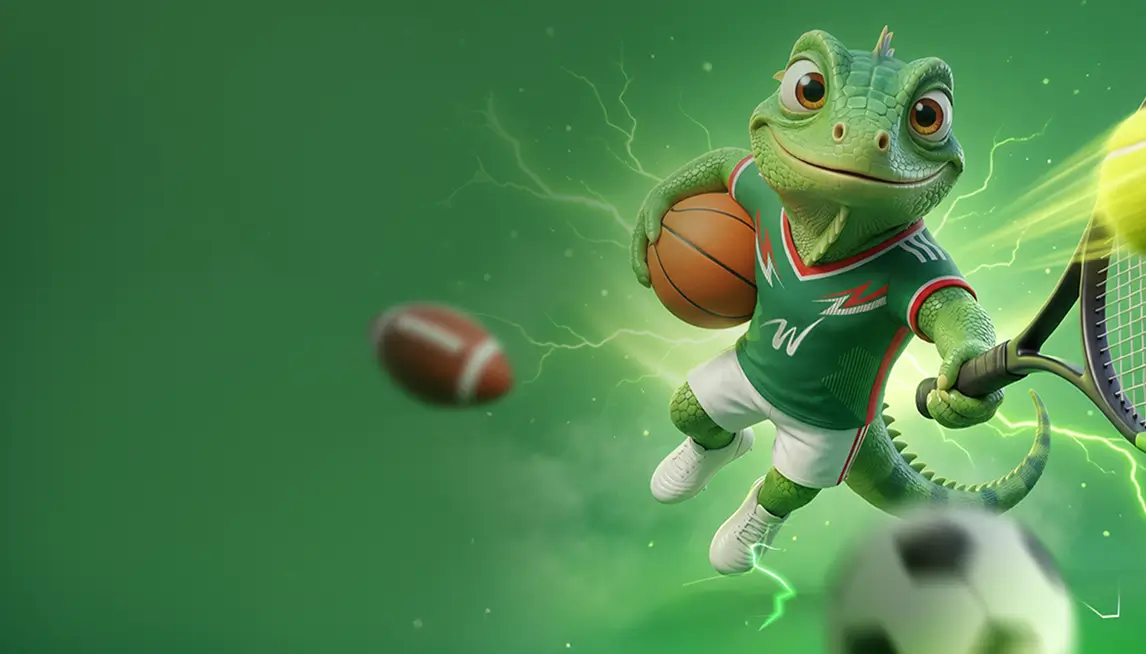 Mascota de winpot con balón y raqueta en el banner de bono para jugador de deportes